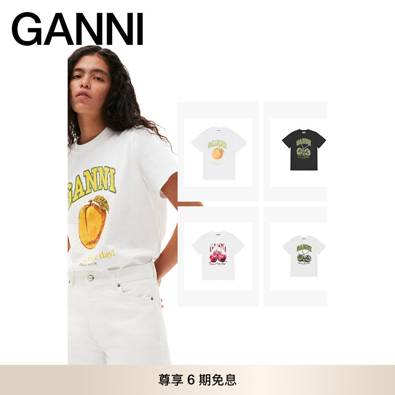 【明星同款】GANNI女装 水果樱桃印花纯棉T恤夏季宽松款正肩短袖图片