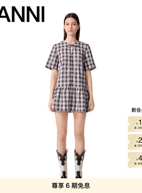 GANNI女装 淡紫色甜美气质格纹泡泡纱短款连衣裙短裙F9637428