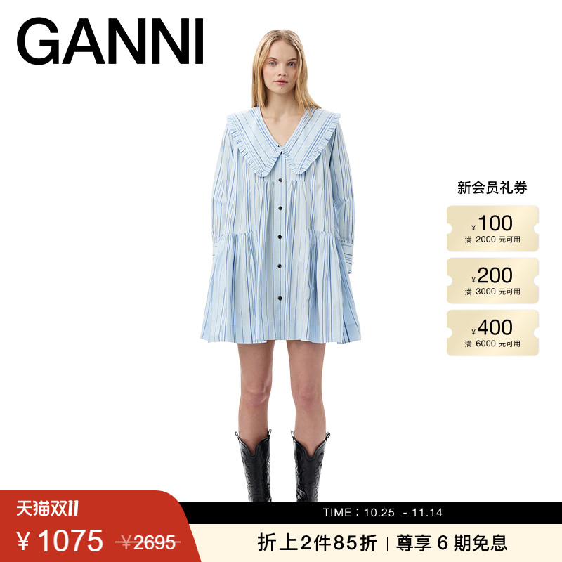 GANNI娃娃领约会连衣裙娃娃裙棉