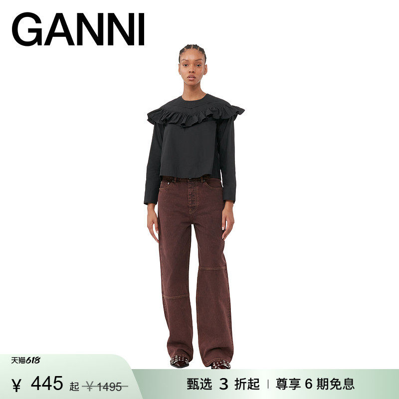 【惊喜首降】GANNI女装 知性九分袖上衣春夏荷叶边衬衫 F8261099