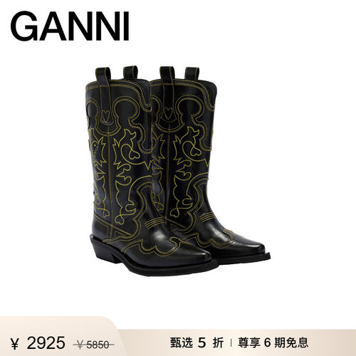 【甄选折扣】GANNI女鞋 复古刺绣中筒靴西部靴骑士靴 B1010046358