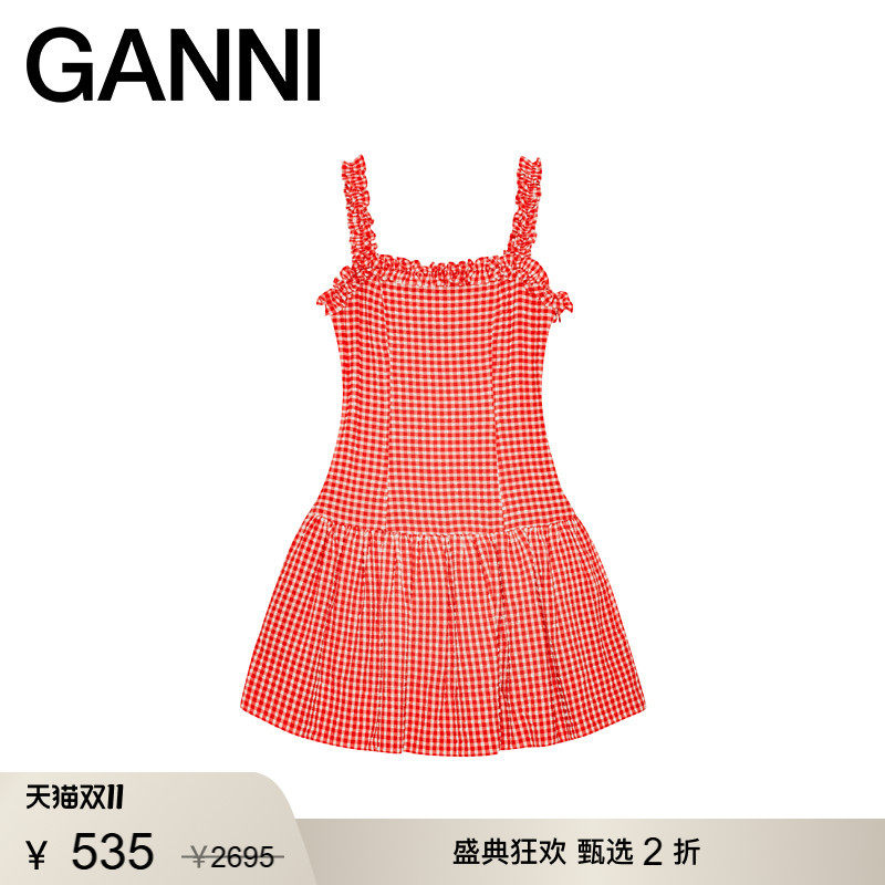 【甄选折扣】GANNI女装 荷叶边格子裙度假夏季吊带连衣裙W0677474