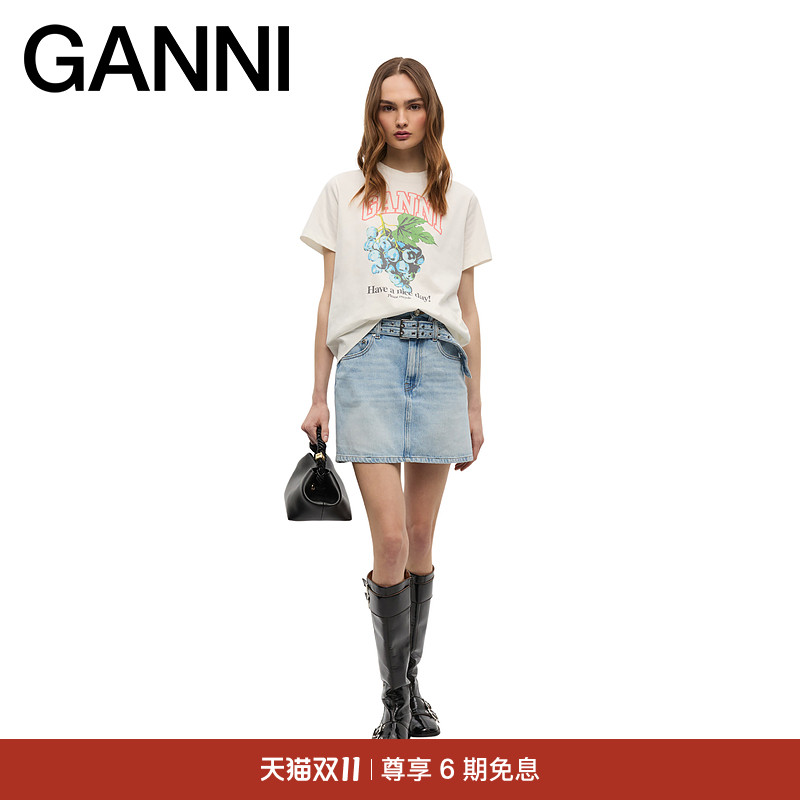 GANNI女装 白鹭色葡萄印花圆领短袖T恤上衣 T4230135
