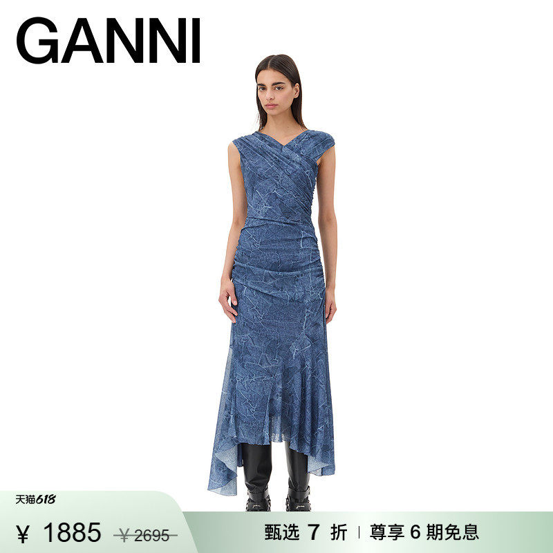 【甄选折扣】GANNI女装 复古牛仔长裙设计感背心连衣裙 T4075630