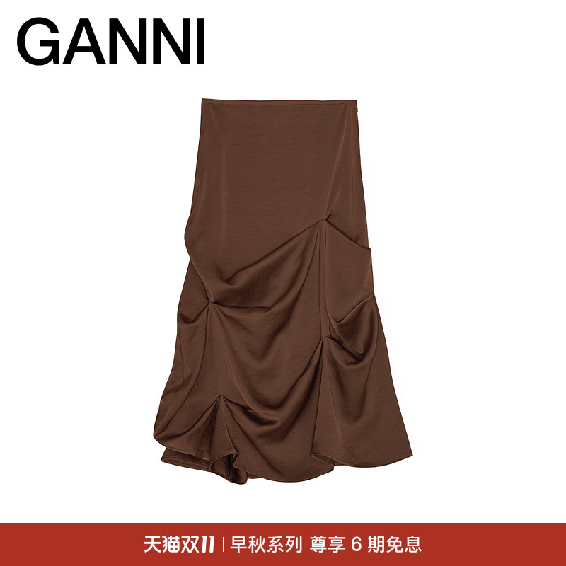 【早秋新品】GANNI女装 深棕色优雅复古层次褶皱半身裙 W1007979
