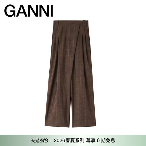 【春夏新款】GANNI女装 复古棕色棉羊毛休闲直筒长裤 A1080174296