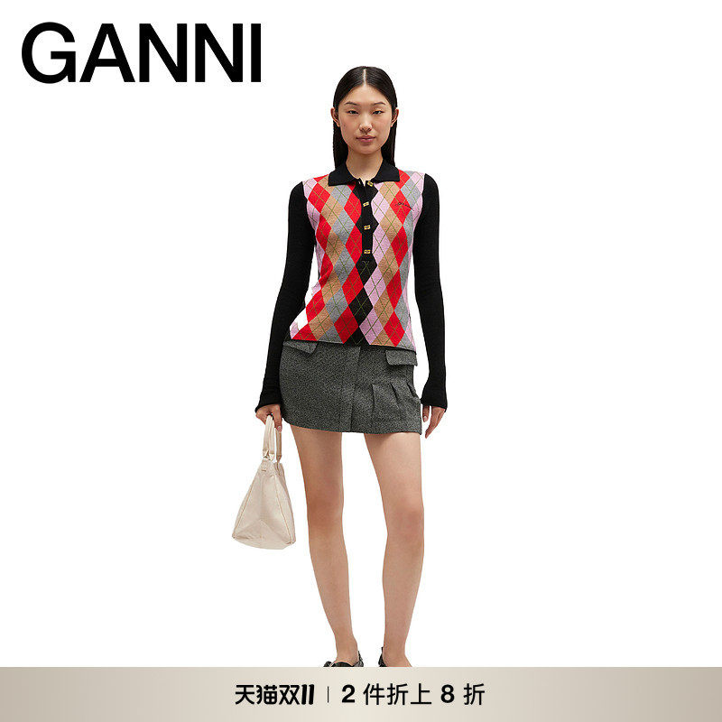 【甄选折扣】GANNI女装 早秋修身翻领薄款针织羊毛衫 A1070087099