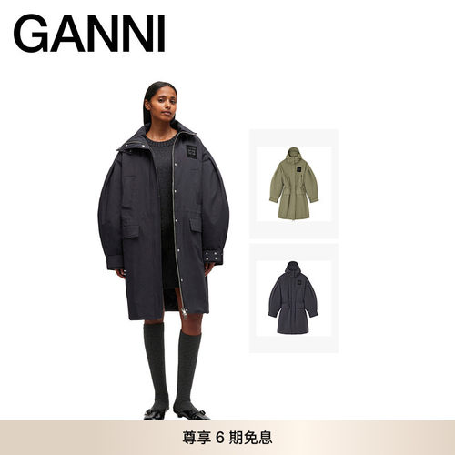 GANNI女装 纯色简约LOGO拉链连帽中长款派克大衣外套