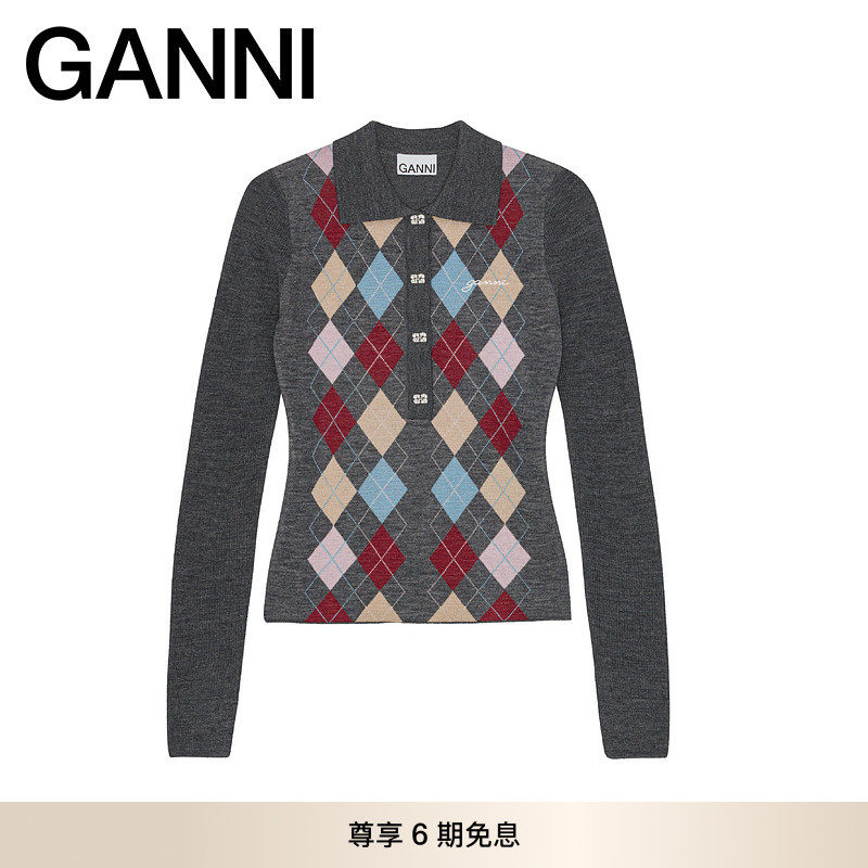 GANNI女装 撞色菱格polo领上衣内搭针织衫 K2601920