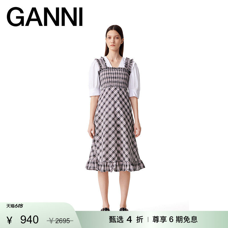 【甄选折扣】GANNI女装 淡紫色荷叶边泡泡纱吊带连衣裙 F9636428