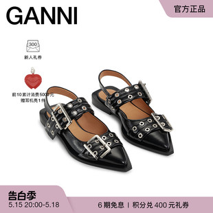 S2730099 露跟芭蕾鞋 凉鞋 单鞋 GANNI女鞋 黑色复古皮革尖头鞋