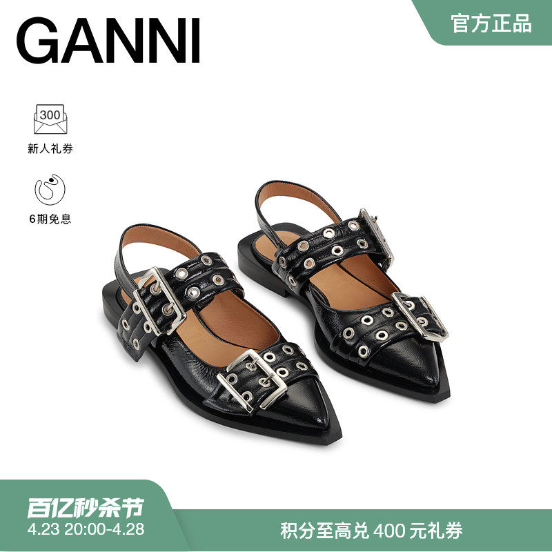 【明星同款】GANNI黑色皮革带扣露跟摇滚芭蕾鞋单鞋凉鞋 S2178099