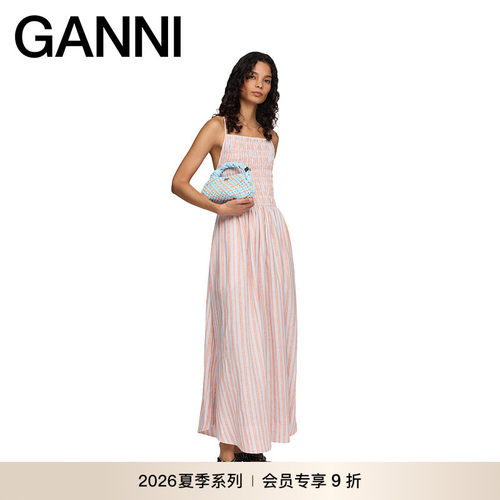 【夏季新款】GANNI女装 亚麻条纹长裙露背法式连衣裙 A1030640ZZ1