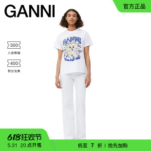 蓝色兔子图案印花圆领短袖 GANNI T恤衫 甄选折扣 T3673151