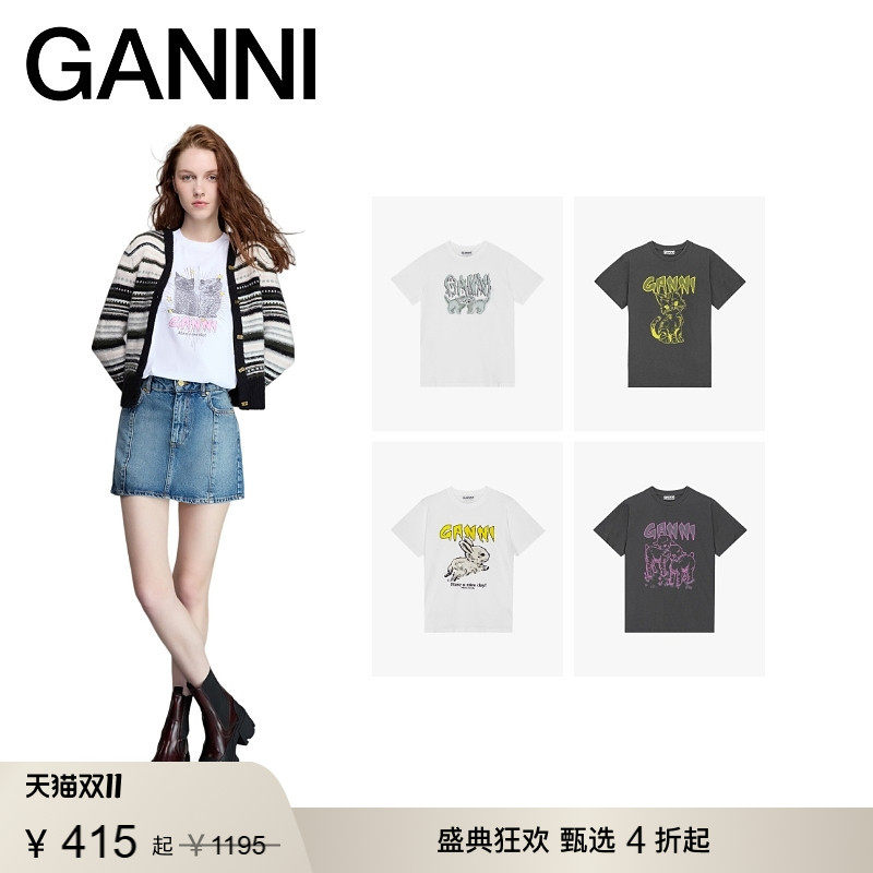 【甄选折扣】GANNI女装 休闲风印花短袖夏季纯棉百搭T恤 T4060151