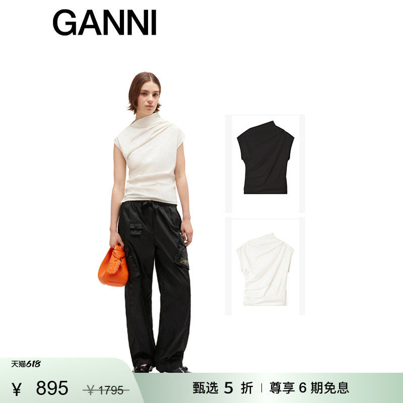 【甄选折扣】GANNI女装 简约纯色高智风不对称褶饰无袖上衣衬衫