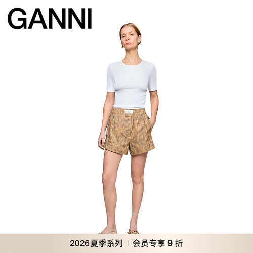 【新品会员9折】GANNI女装 复古风印花高腰直筒短裤 A1110054ZZT