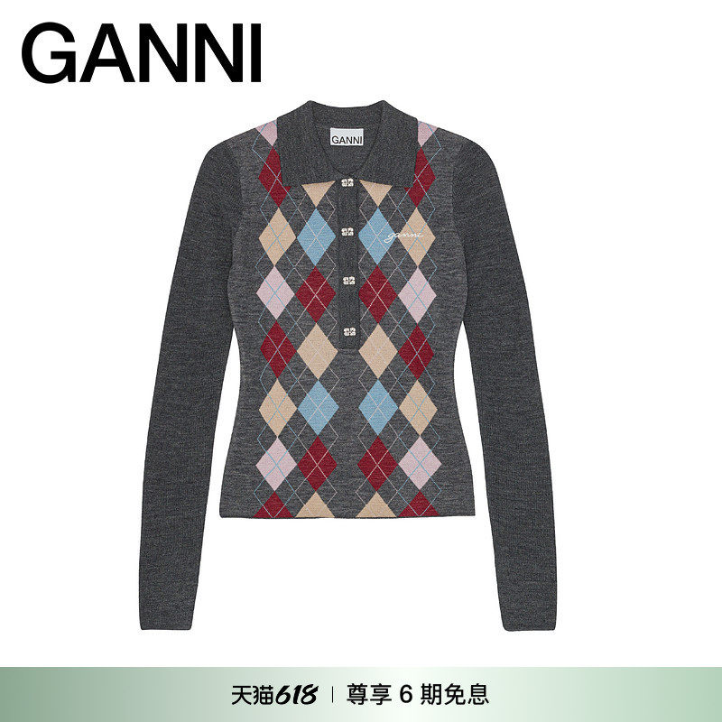 GANNI女装 撞色菱格polo领上衣内搭针织衫 K2601920