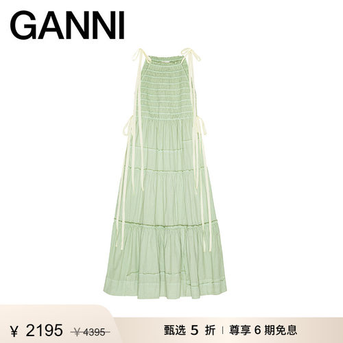【惊喜首降】GANNI女装 清新系带缩褶吊带连衣裙少女长裙W0974232