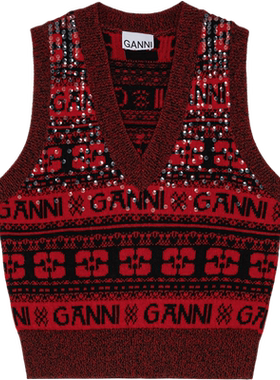 GANNI女装 复古优雅秋款红色时尚V领百搭针织衫马甲毛衣 K2117472