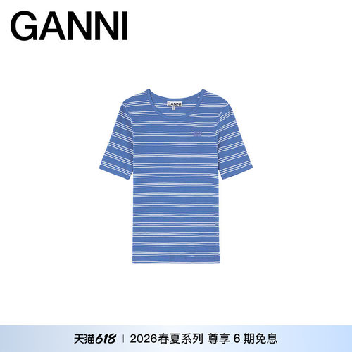 【春夏新款】GANNI女装 蓝色条纹款内搭修身短袖T恤 A1050256ZWF