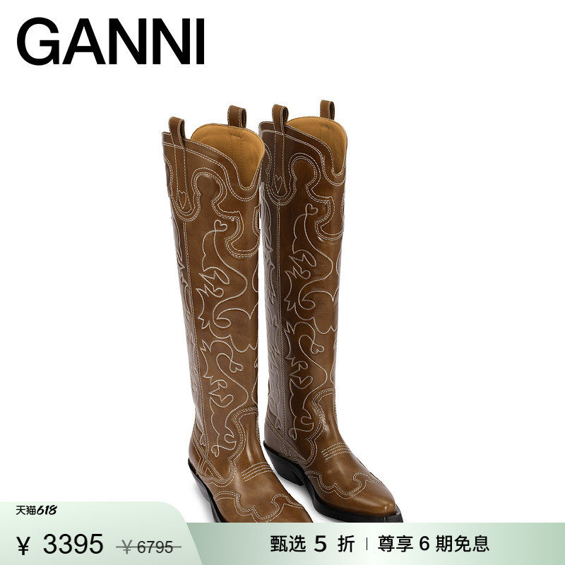 【甄选折扣】GANNI女鞋 复古皮革高筒鞋子西部靴骑士靴 S1859177
