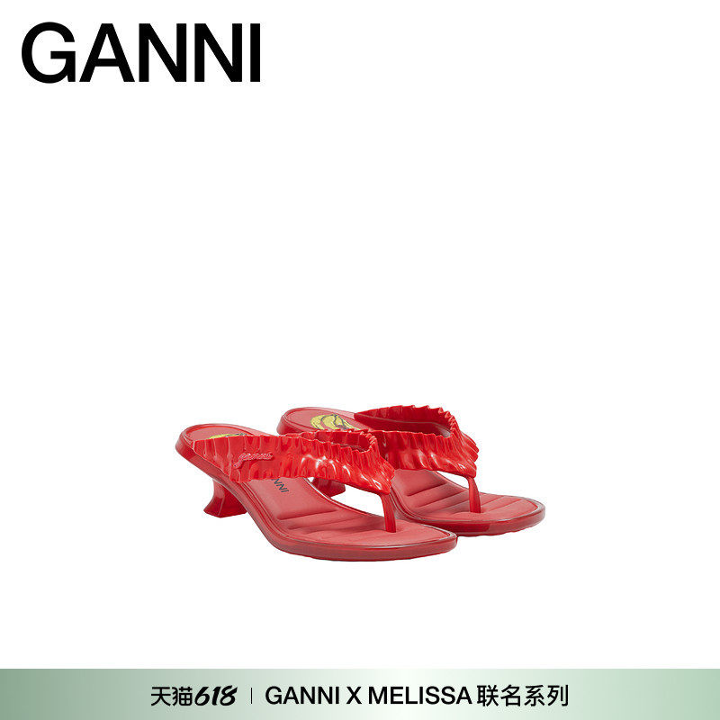 GANNI x Melissa联名 赛车红猫跟人字拖夏荷叶边女鞋 D1030016474