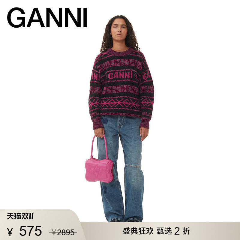 【甄选折扣】GANNI女装 拼色印花绵羊毛针织衫套头毛衣 K2176854