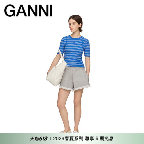 【春夏新款】GANNI女装 灰色蕾丝边裤子松紧运动短裤 A1110069920