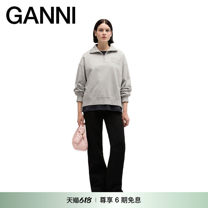 GANNI女装 灰色高领半拉链运动休闲宽松长袖卫衣上衣 A1060029920
