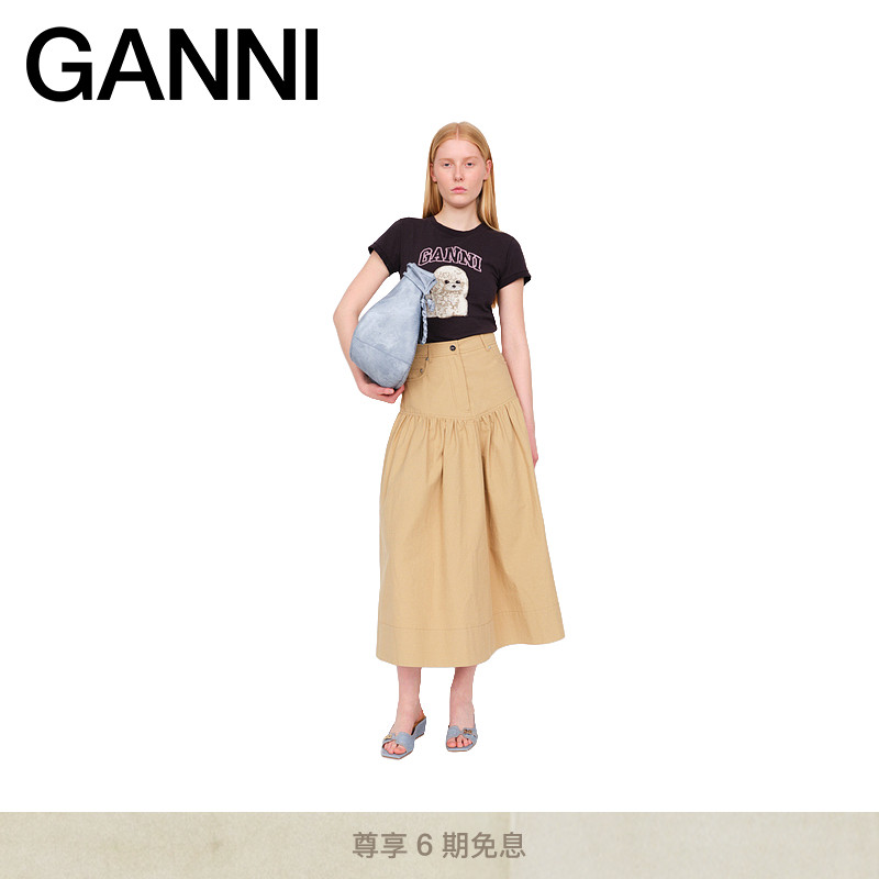 GANNI女装 黑色贵宾犬印花圆领短袖T恤上衣 T4239252