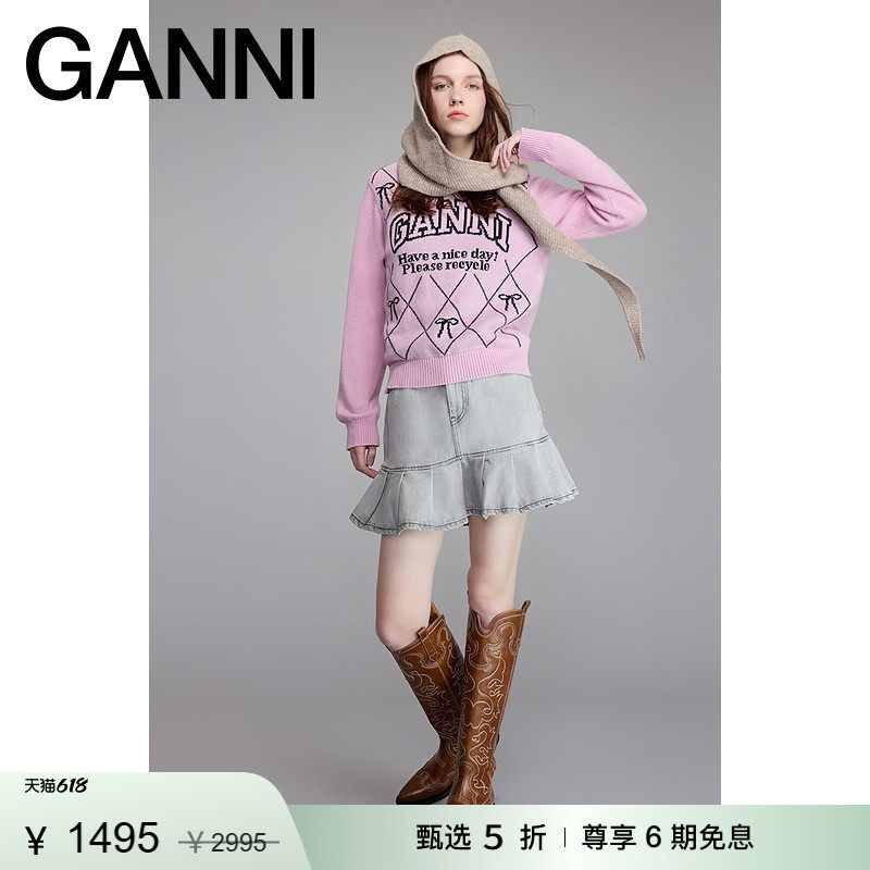 【甄选折扣】GANNI女装 粉紫色蝴蝶结修身长袖套头毛衣 K2423494