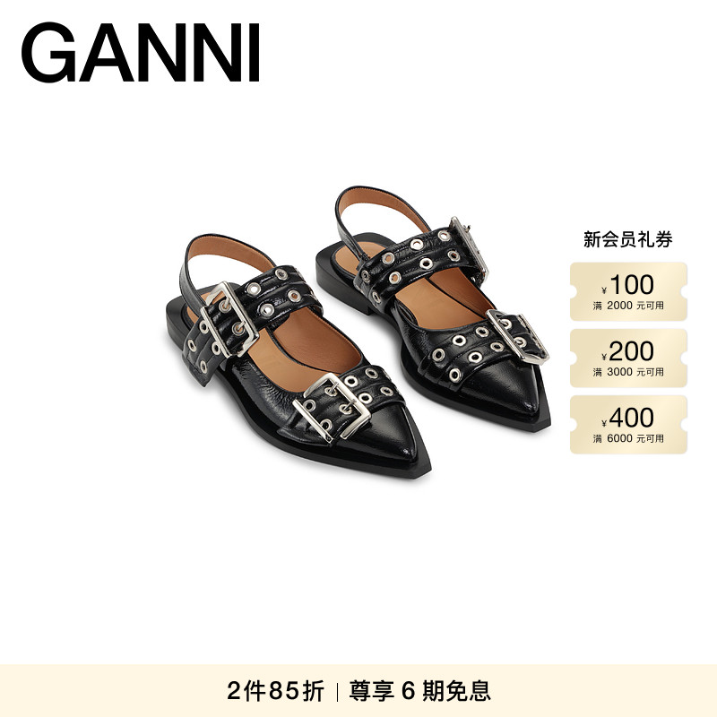 新款尖头黑色皮革女鞋GANNI