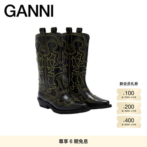 【明星同款】GANNI女鞋 复古刺绣中筒靴西部靴骑士靴 B1010046358
