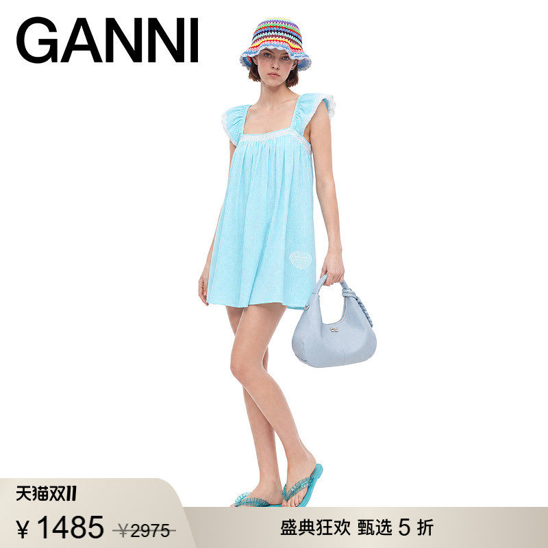 【甄选折扣】GANNI女装 清新水蓝色系带连衣裙娃娃裙A1030600803