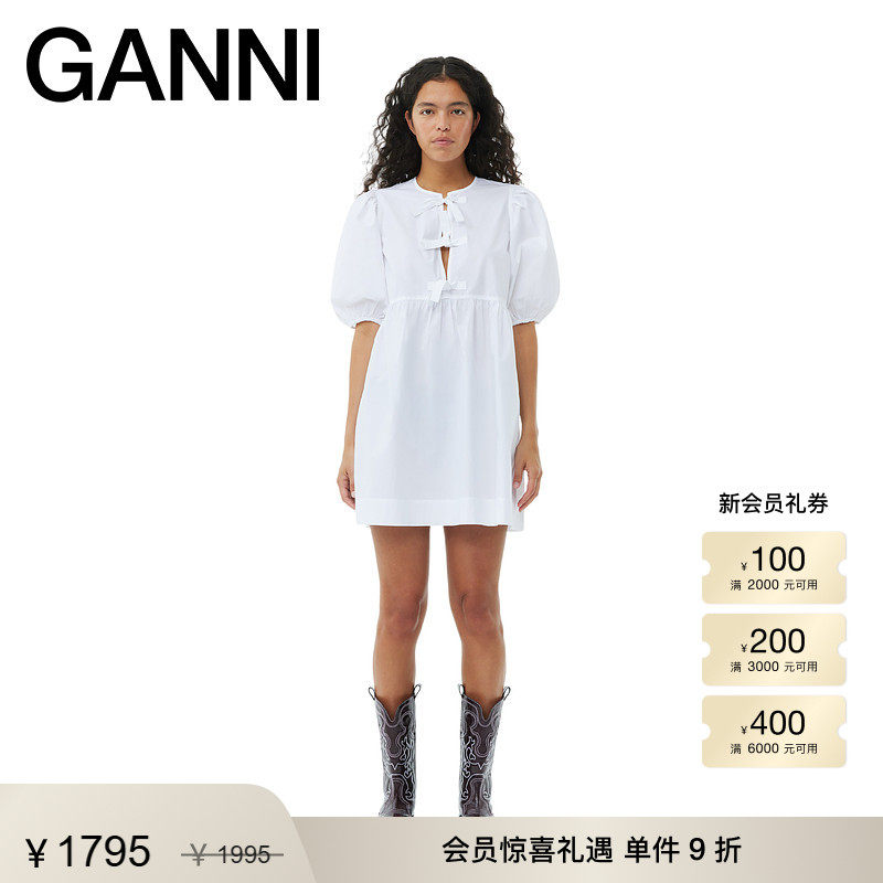【明星同款】GANNI女装 白色系带棉质泡泡袖短裙连衣裙 F9170151