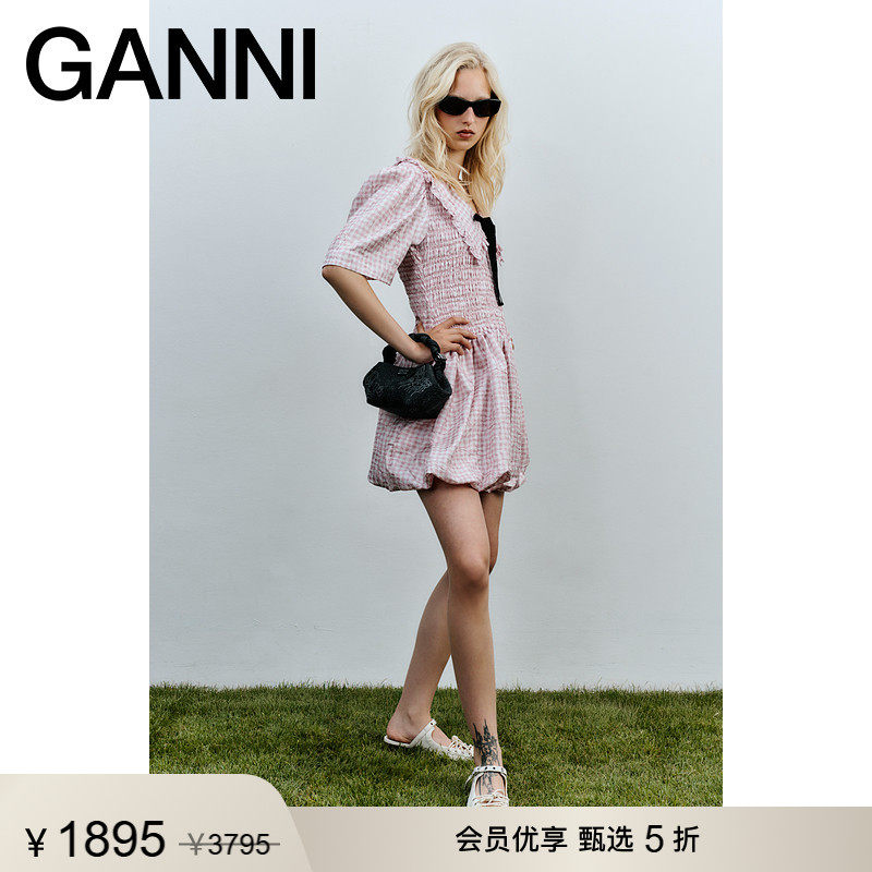 【甄选折扣】GANNI女装 粉色格纹泡泡袖少女茶歇连衣裙 W0603038