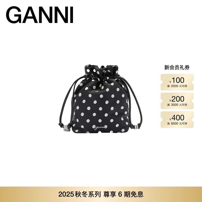 黑色波点印花圆桶包