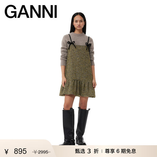 【惊喜首降】GANNI女装 蝴蝶结吊带千鸟格格纹短裙连衣裙F8602358