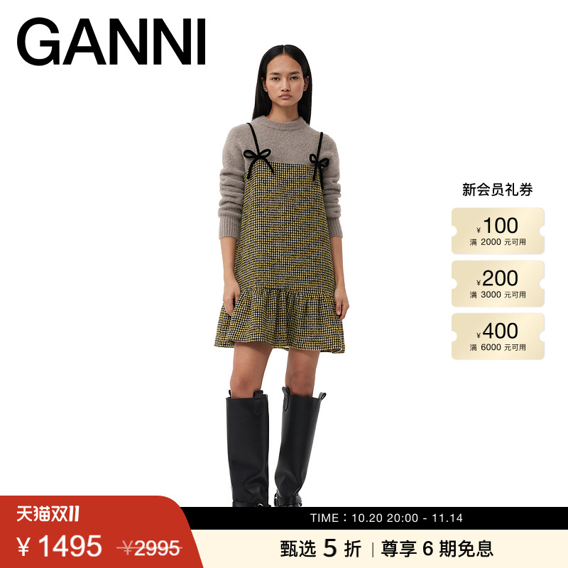 【甄选折扣】GANNI女装 蝴蝶结吊带千鸟格格纹连衣裙F8602358