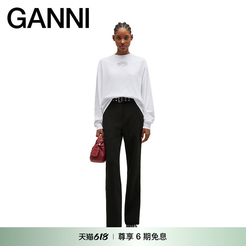 GANNI女装 简约logo长袖上衣白色宽松春纯棉休闲T恤 A1050068151