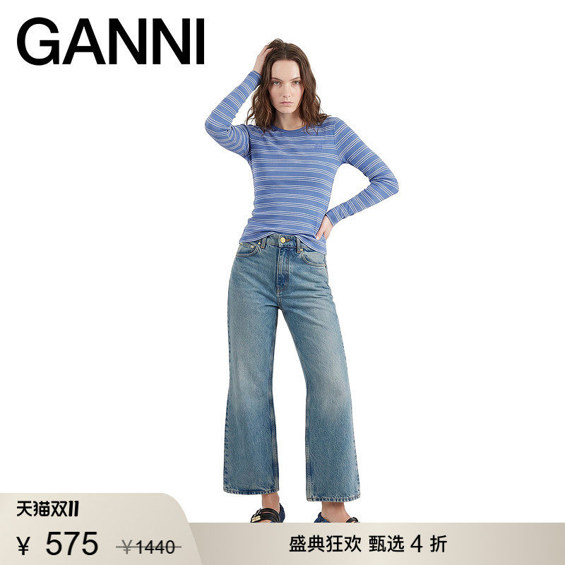 【甄选折扣】GANNI女装 秋季条纹内搭修身长袖T恤衫 A1040453ZWF