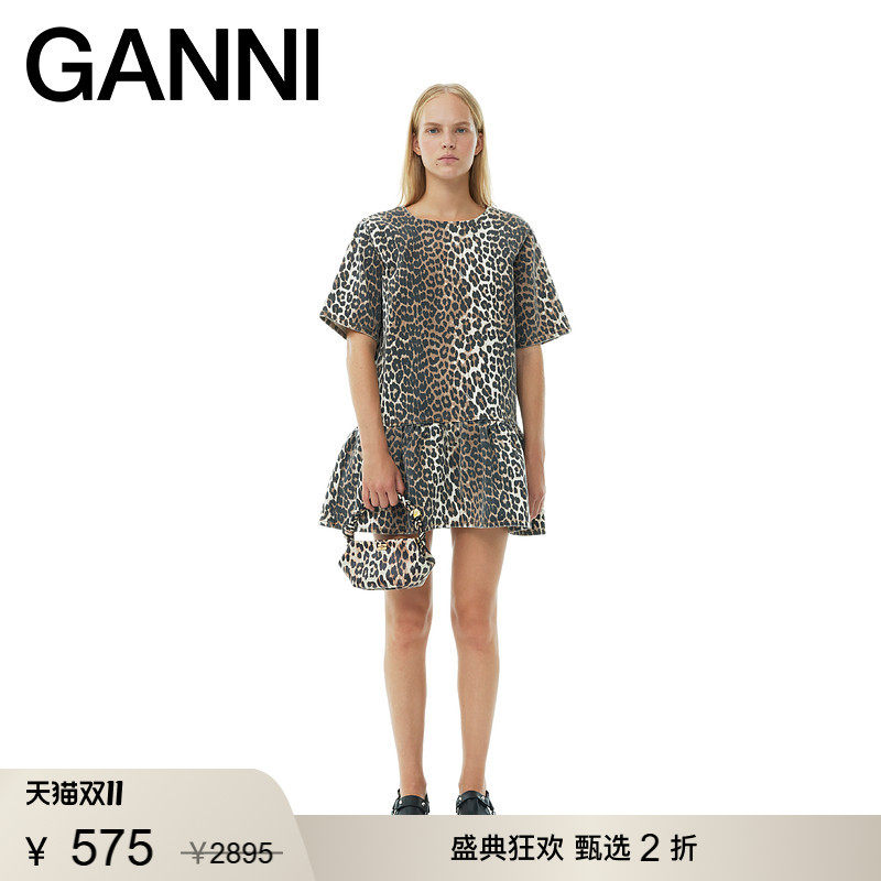 【甄选折扣】GANNI女装 时尚豹纹短袖荷叶边夏季连衣裙 J1444943
