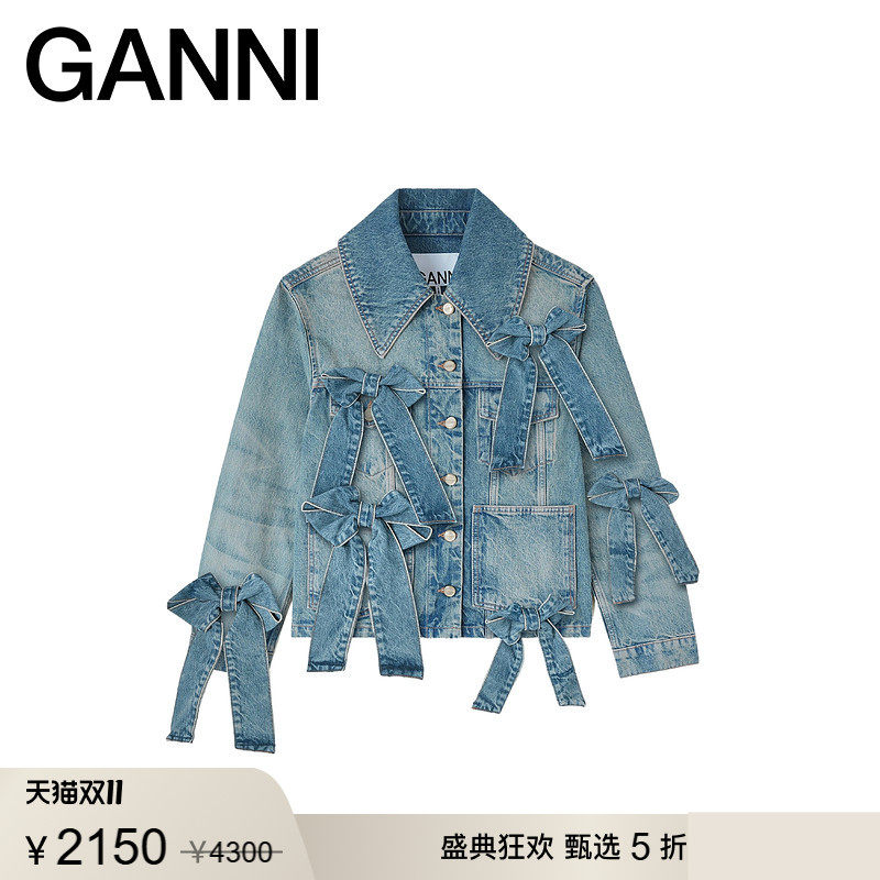 【甄选折扣】GANNI女装 秋款蓝色蝴蝶结外套牛仔夹克 A1010057567