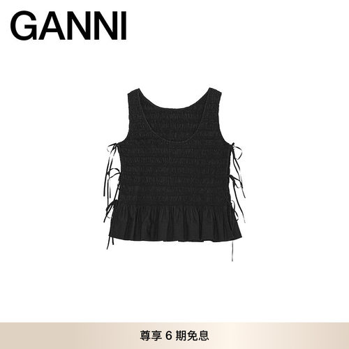 GANNI女装 黑色系带褶皱背心夏荷叶边下摆无袖休闲上衣 W0565099