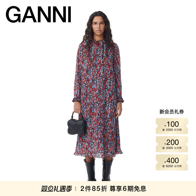 【折上2件85折】GANNI女装 碎花荷叶边迷笛长袖连衣裙 F9158472