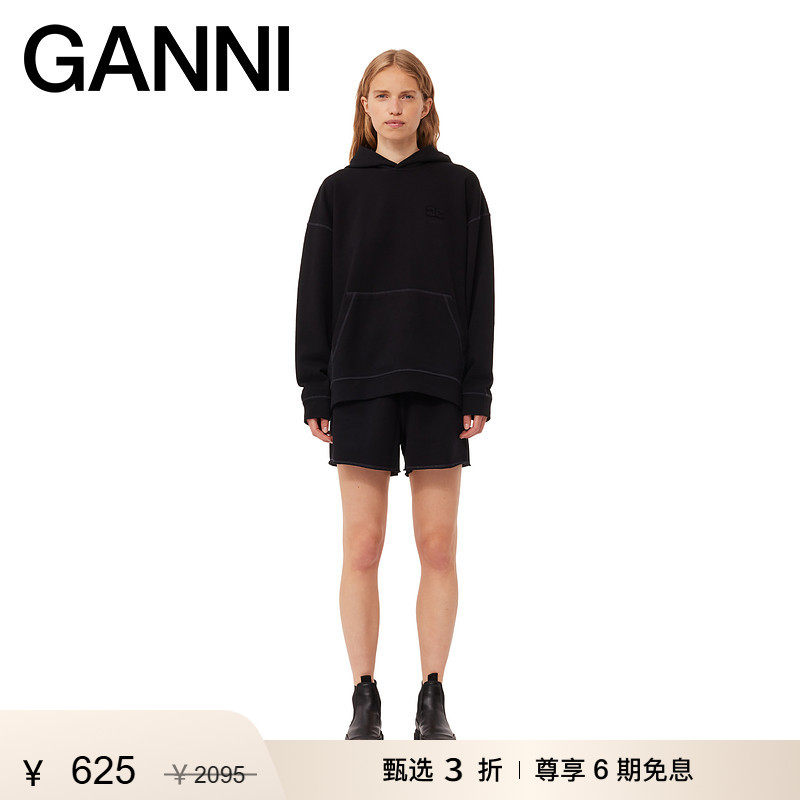 【惊喜首降】GANNI女装 黑色落肩运动长袖宽松连帽卫衣 T3752099