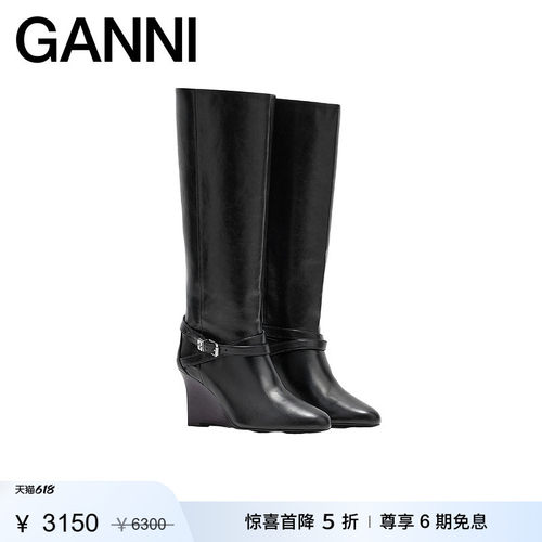 【惊喜首降】GANNI女鞋 精致扣带黑色长靴尖头高筒靴 B1010083099