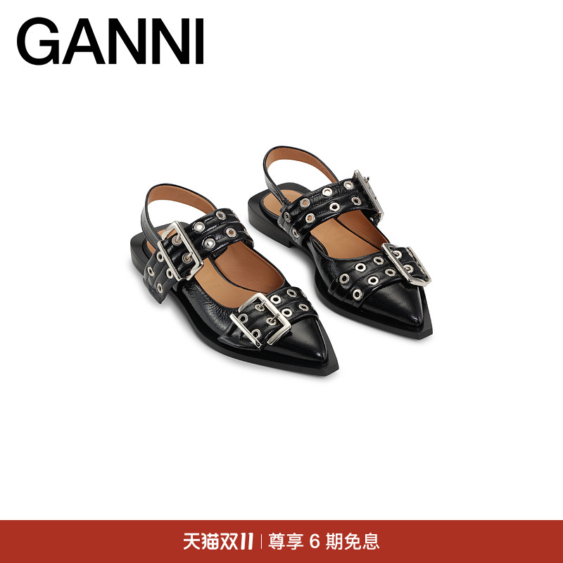 新款尖头黑色皮革女鞋GANNI