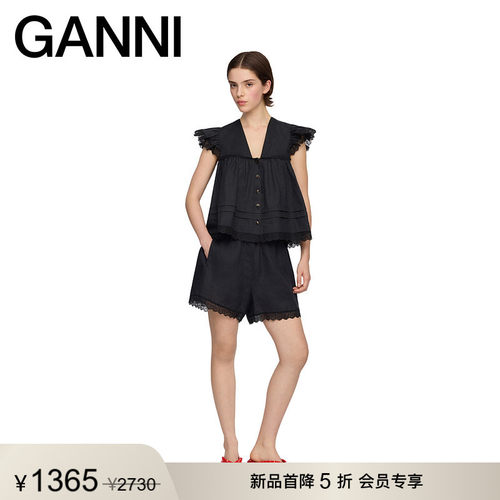 【新品首降】GANNI女装 个性优雅蕾丝边黑色V领上衣 A1040370099